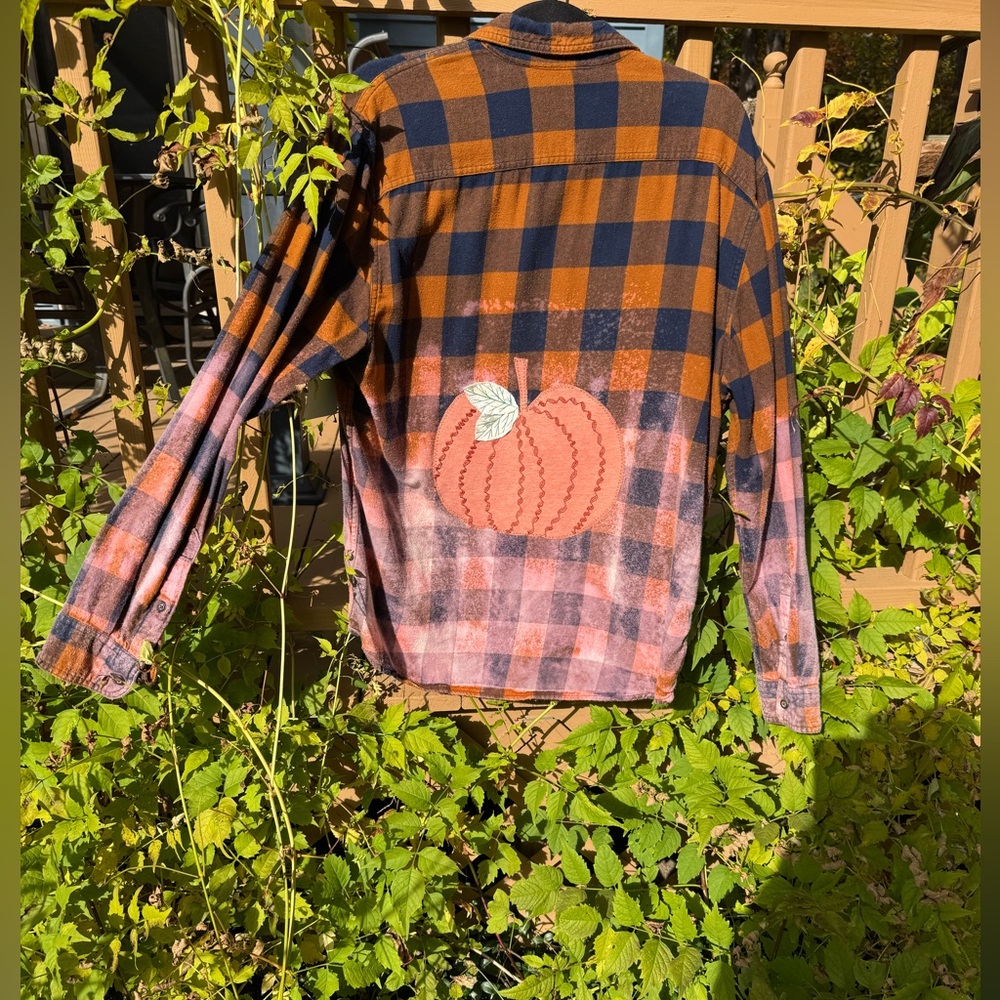 47 Men's Orange and Black Plaid Shirt with Pumpkin Design